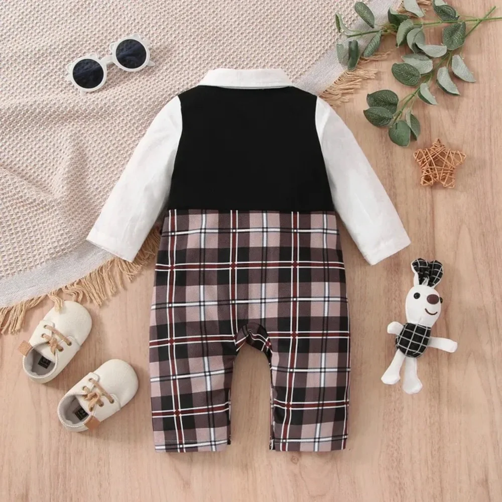 NWT Baby Boy Plaid Bow Tie Waist Coat Faux-two Long-Sleeve Outfit (Size 6-9 )